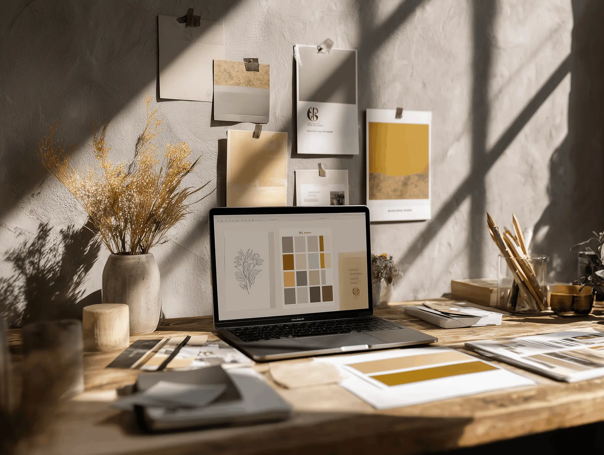 Markenidentität aufbauen — Designerin sortiert Farbmuster und Moodboard-Karten am Schreibtisch