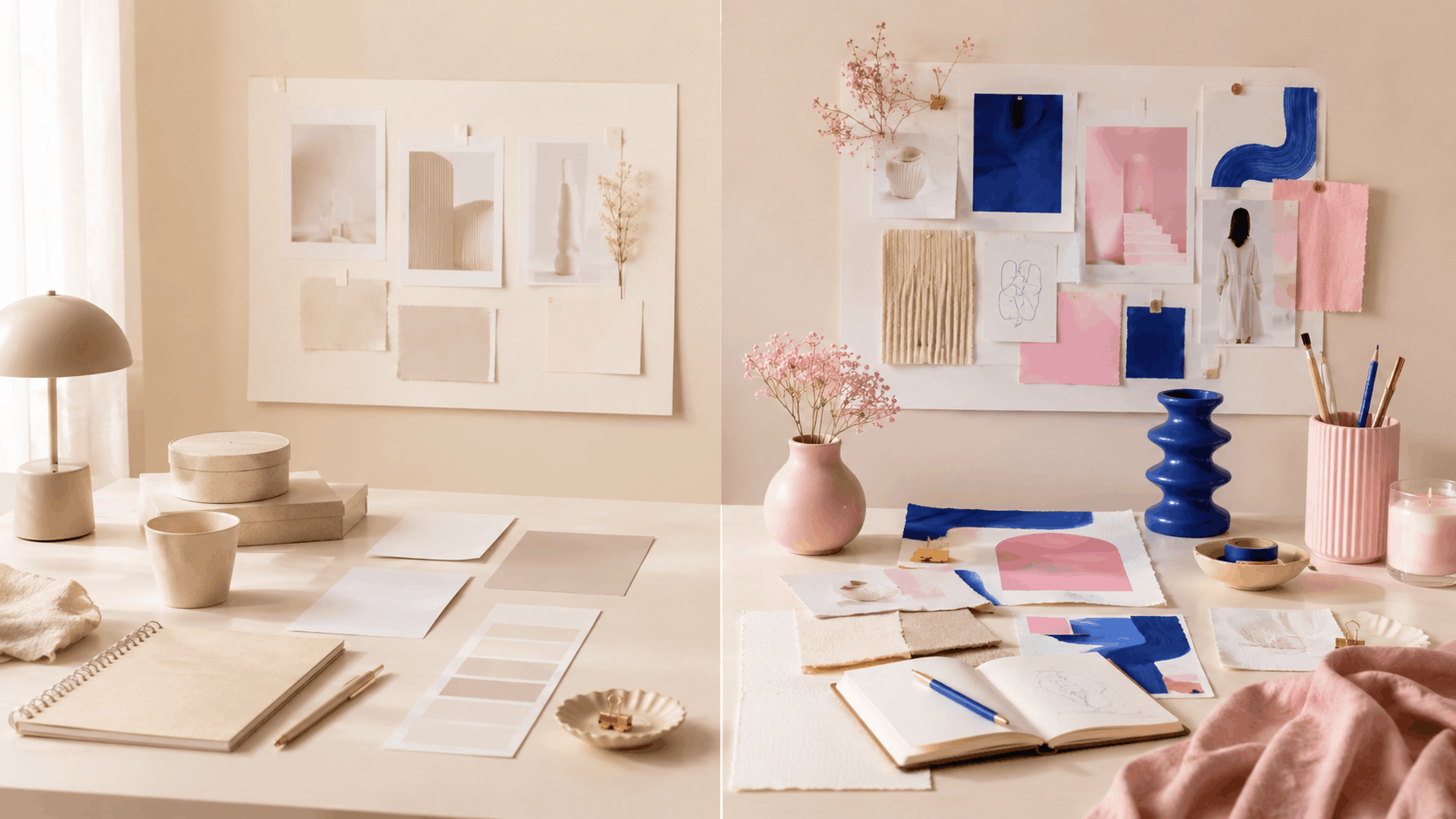 Branding in Zeiten von KI — Arbeitsplatz mit Moodboard, Farbmustern und Notizen