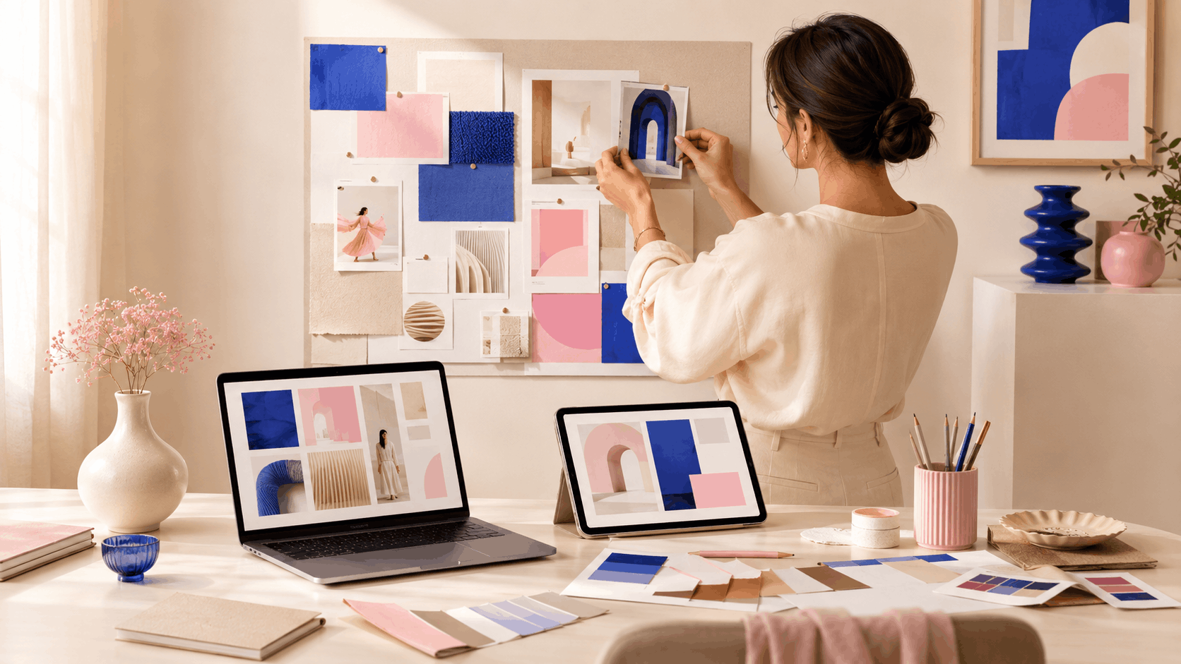 Branding in Zeiten von KI — Farbmuster und Notizbuch auf hellem Schreibtisch, Pinterest-Format